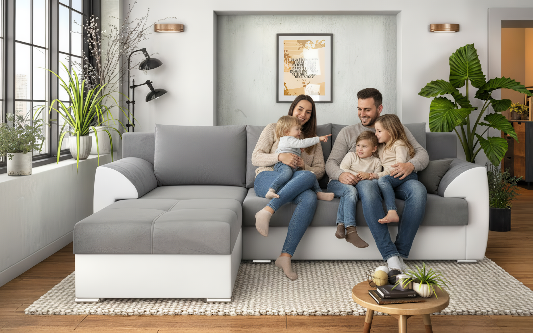 Coltar extensibil Deman, gri + piele alba  3